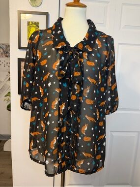 Yumi Sheer Black Fox Print Tie-Neck Blouse